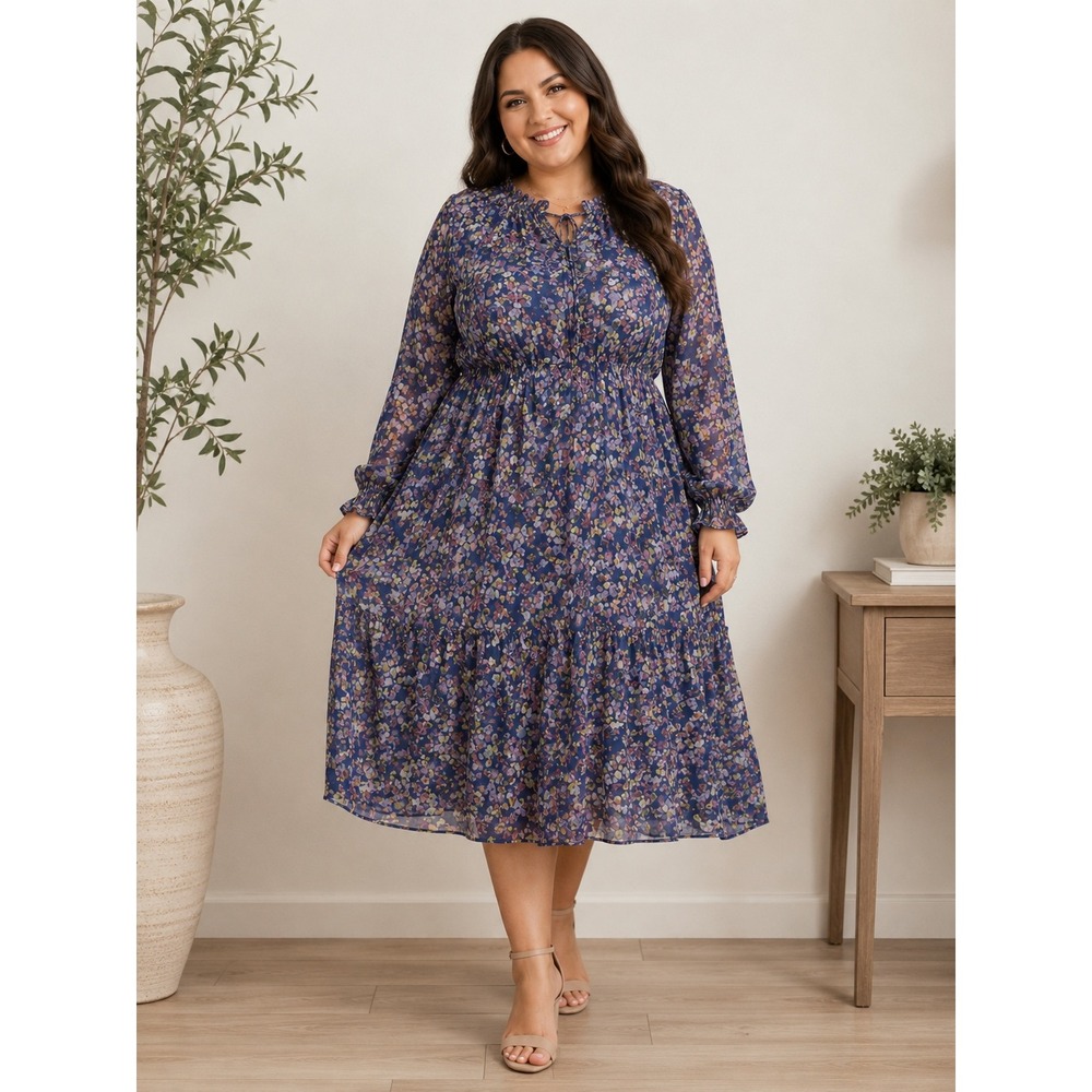 Beachlunchlounge Blue Floral Tiered Midi Dress XXL Smocked Waist Tassel